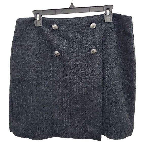 Ann Taylor LOFT Black Tweed Silver Button Nautical Faux Wrap‎ Kilt Skirt NWT 12 - Picture 1 of 10